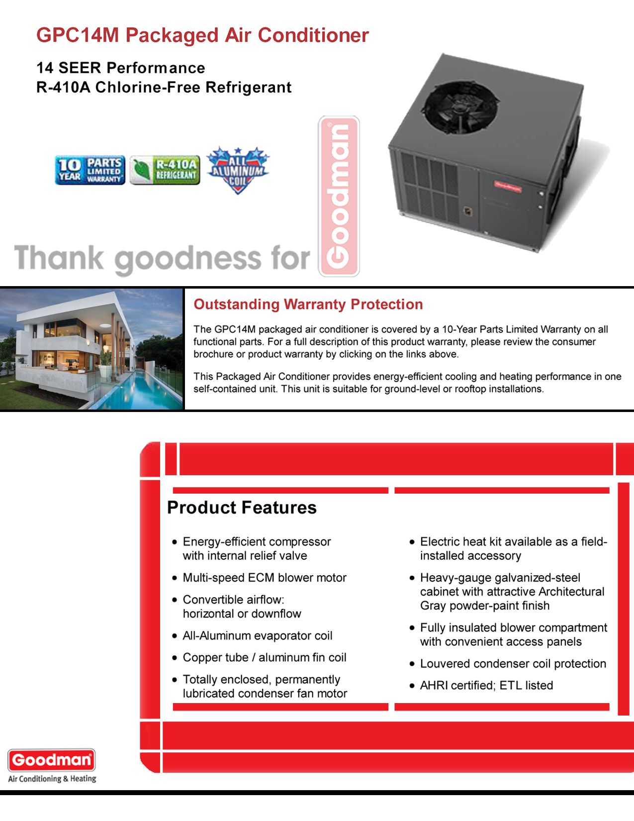 2 Ton Goodman 14 SEER DOWN-FLOW or HORIZONTAL Package Unit GPC1424M41